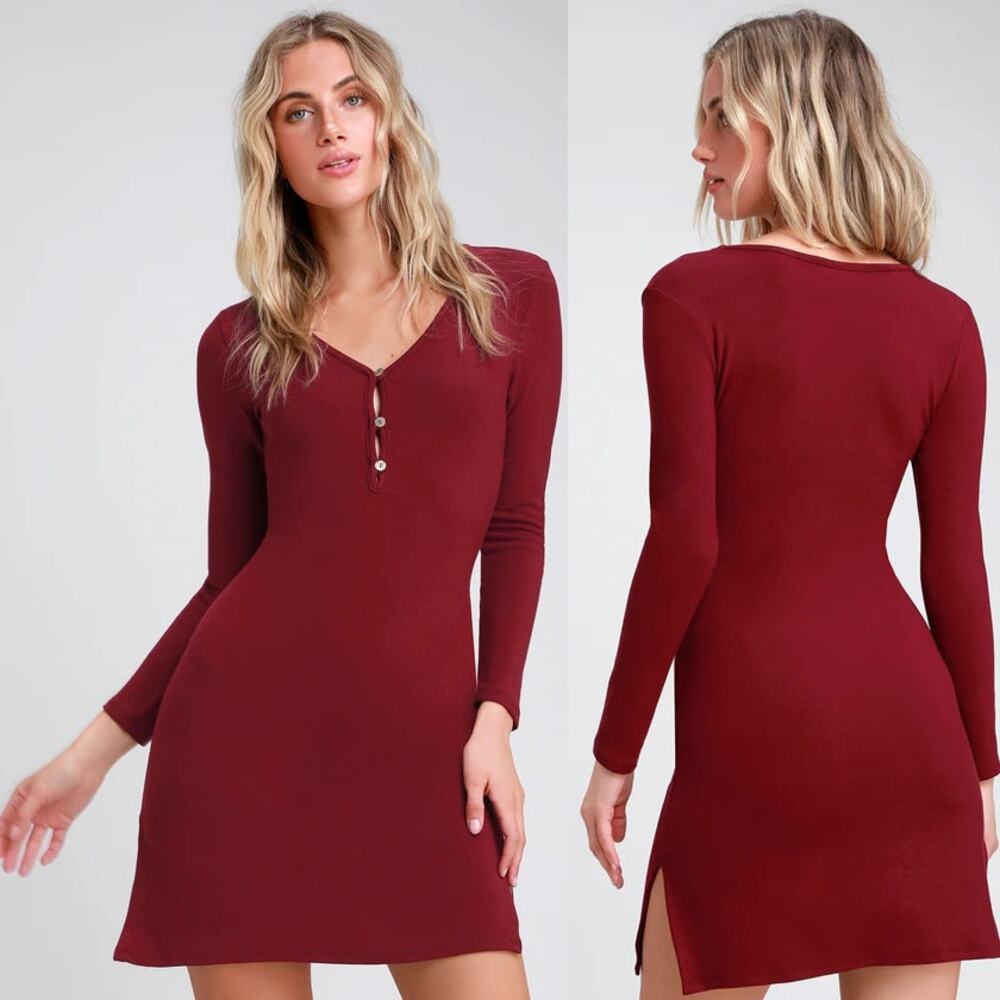 LULU's Dawson Burgundy Bodycon Short Dress Long Sleeve Deep V-Neck Sz M,‎ Party